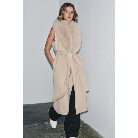 ZARA ZW COLLECTION FAUX FUR COLLAR WAISTCOAT - Picture 3 of 11